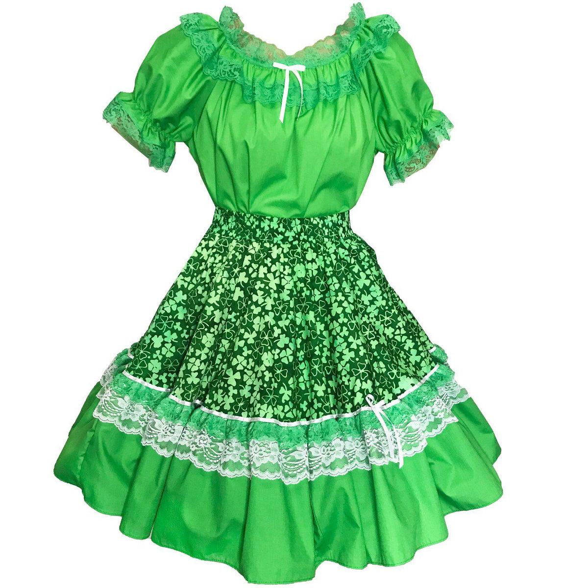 A Luck of the Irish Square Dance Outfit with a circle skirt and shamrock fabric by Square Up Fashions.