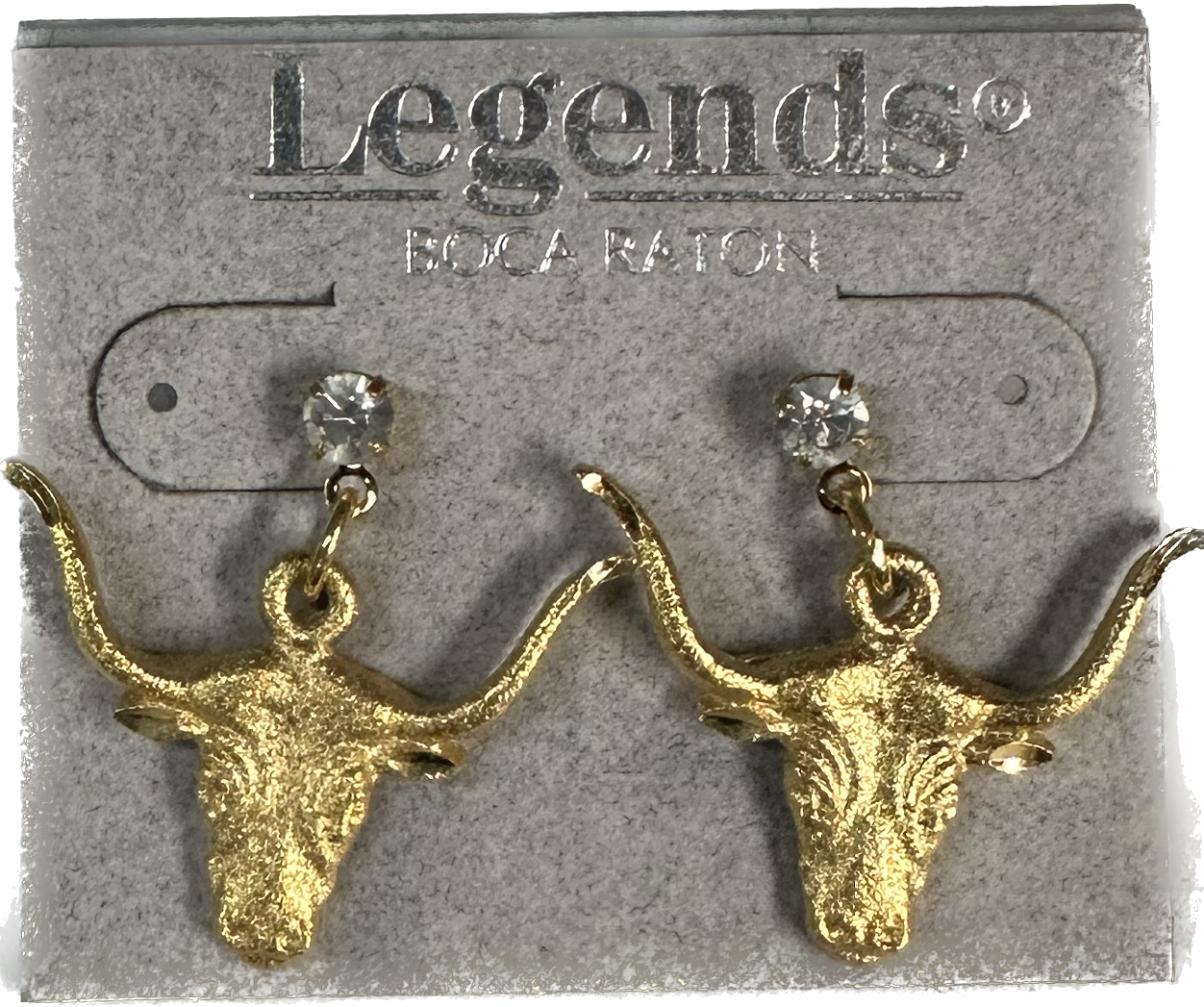 Description: A pair of Golden Steer earrings from Square Up Fashions, featuring diamond-looking studded gold bull heads.