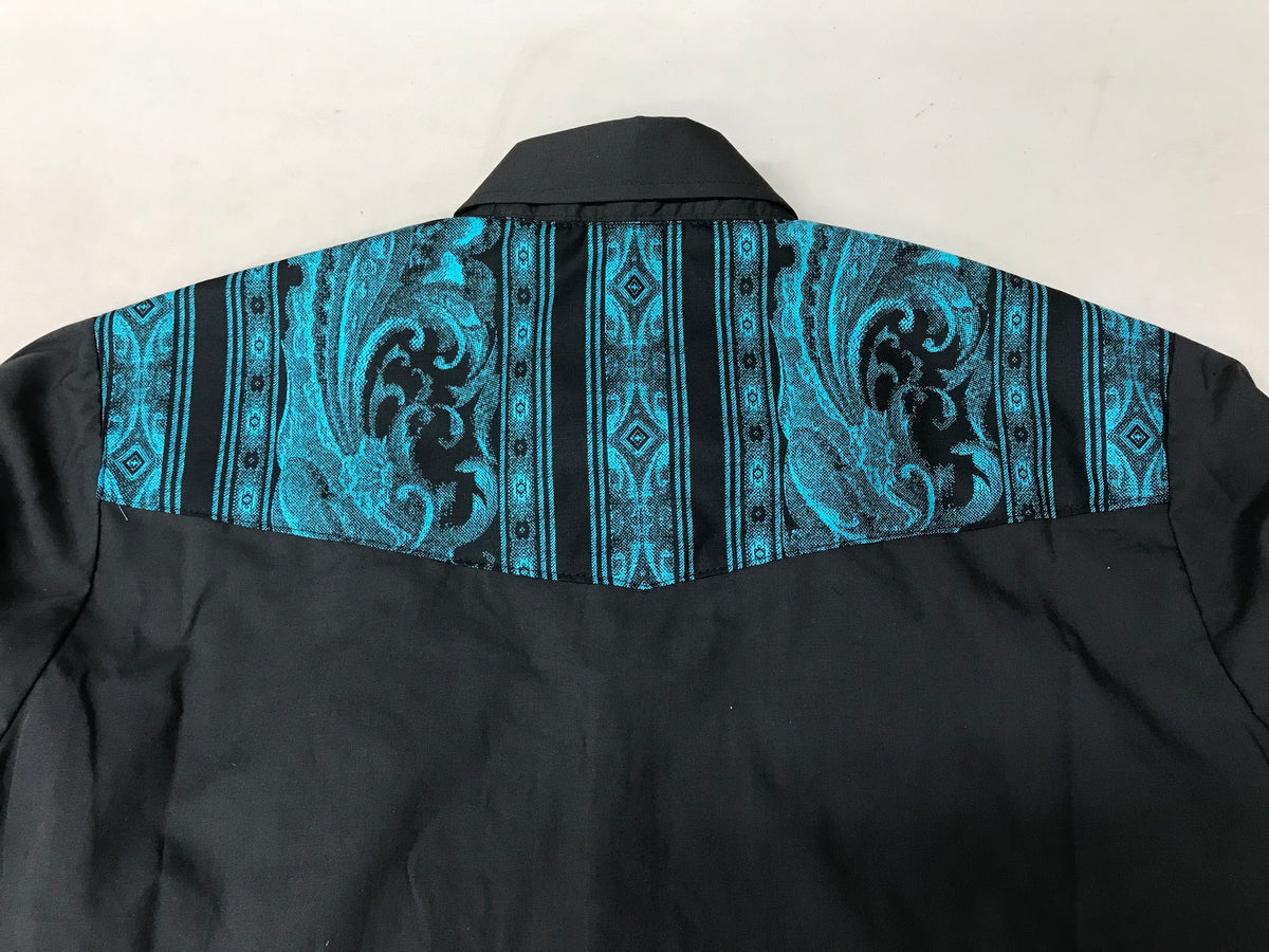 The back of a black and turquoise paisley shirt, featuring a MATCHING Print Yoke and/or Cuffs by Ely Shirts.