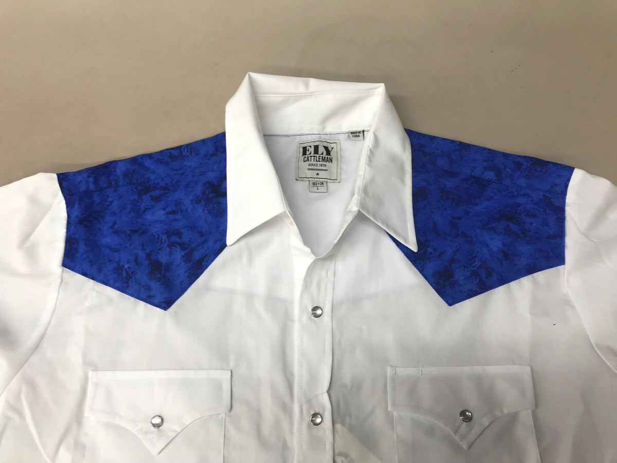 A cotton MATCHING Print Yoke and/or Cuffs shirt with a white and blue yoke and cuffs, by Ely Shirts.
