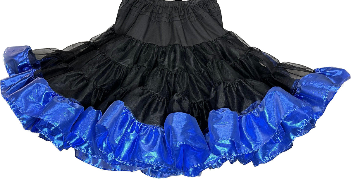 A black and blue Combo Metallic Petticoat skirt with ruffles, made of fabric from Square Up Fashions.