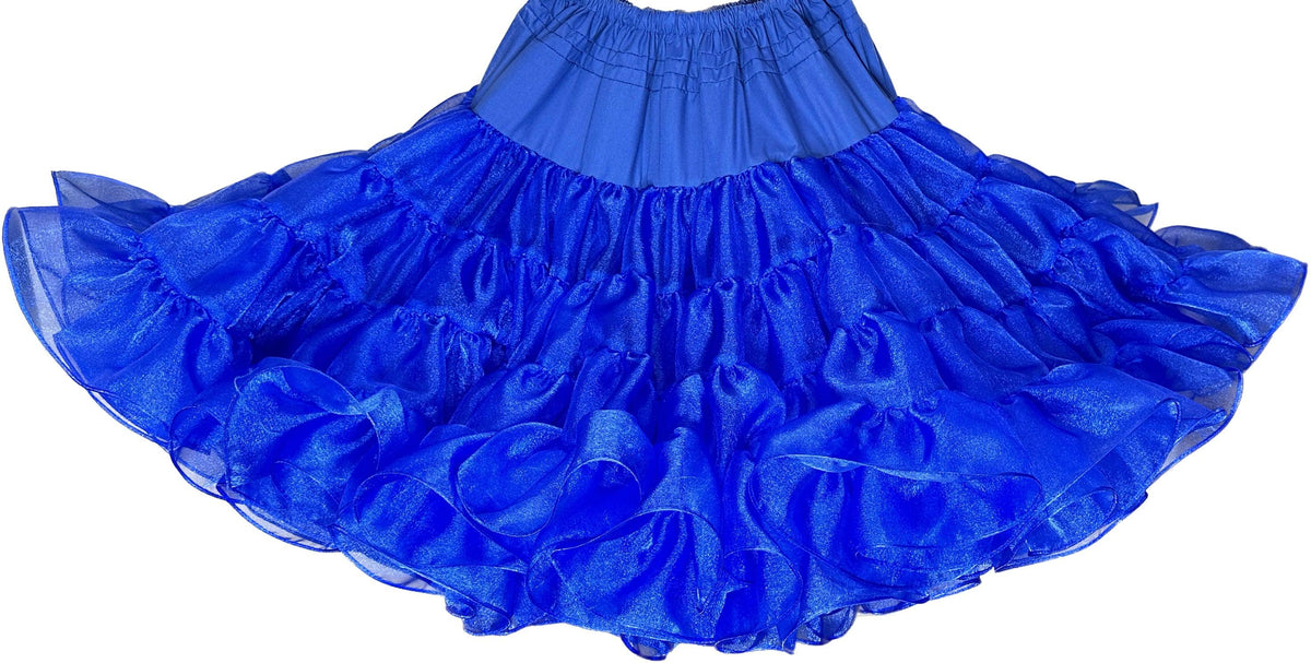 A blue ruffled Crystal Petticoat made by Square Up Fashions on a white background.