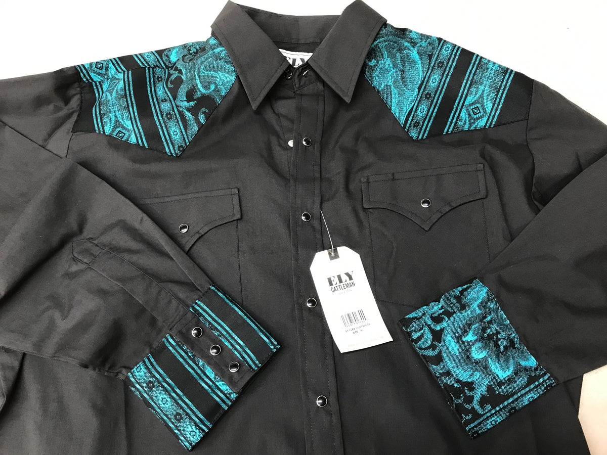 A black and turquoise Ely Shirts western shirt with a tag on it, featuring MATCHING Print Yoke and/or Cuffs made from a cotton print.
